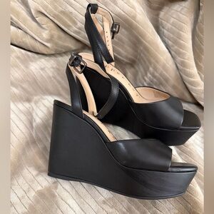 Copper Key Black Wedge Platform Sandals, leather, New, size 6.5, 4” platform.